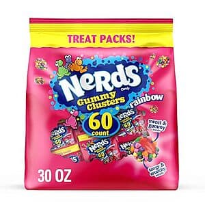 60-pack box of 0.5-ounce Nerds Gummy Clusters in rainbow flavor with colorful gummy pieces visible on packaging.