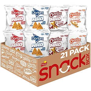 21-pack variety box of Simply NKD snacks containing bags of Doritos and Cheetos in Nacho Cheese, Cool Ranch, Flamin' Hot, and Puffs flavors.