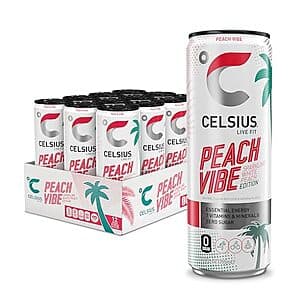 12-Pk 12-Oz Celsius Essential Sparkling Energy Drink (Peach Vibe) $13.25 w/ S&S