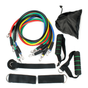 Set of 5 color-coded resistance bands in yellow, red, blue, green, and black, arranged in increasing thickness from 10 to 30 lbs capacity.