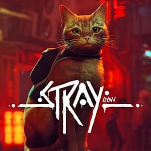 Orange and white cat standing in a neon-lit cybercity street with futuristic buildings and robots.