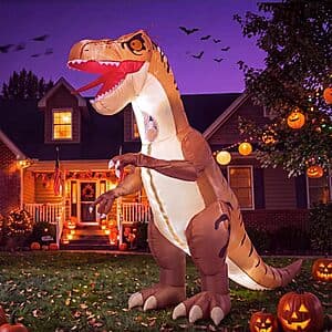 Brown inflatable T-Rex dinosaur costume with LED lighting features for Halloween wear.