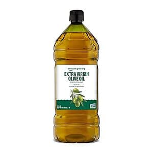 51-ounce bottle of Amazon Grocery Extra Virgin Olive Oil with gold-tinted glass packaging.