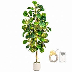 5' Artificial Fiddle Leaf Fig Tree w/ White Planter & 20 LED String Lights $43.35 + Free S&H