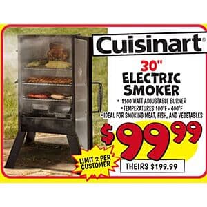 Vertical electric smoker grill with black exterior, three chrome-steel racks visible inside, compact patio-sized design.
