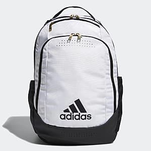 White adidas Defender Backpack with ventilated compartment and side pockets, made from recycled materials.