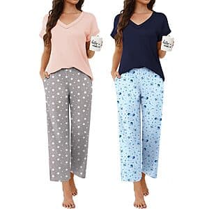 Two Ekouaer women's V-neck short sleeve pajama sets in various colors and prints with ankle-length pants, sizes S–XXL.