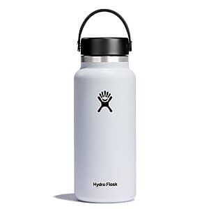 Hydro Flask 32-oz white insulated water bottle with wide mouth opening, leakproof cap, and flexible handle.