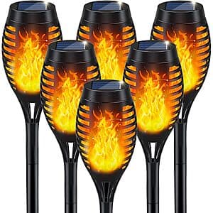 6-Pk IkeeRuic Solar Torch Outdoor Lights w/ Flickering Flame (Orange) $15