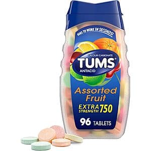 96-count package of TUMS Extra Strength Antacid Chewable Tablets in assorted fruit flavors.