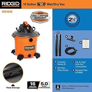 RIDGID 16-gallon red and black wet/dry shop vacuum with filter and accessories included.