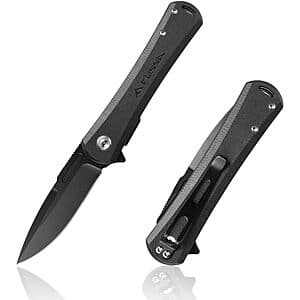 Premium pocket folding knife with D2 steel blade and textured G10 handle, designed for outdoor use and cutting tasks.