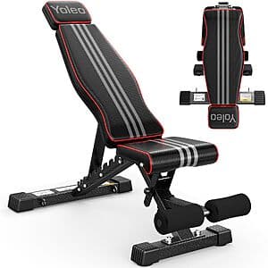 YOLEO adjustable weight bench with black frame and padding, featuring multi-position backrest for incline, decline, and flat configurations, wider cushioned seat.