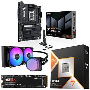ASUS TUF Gaming X870E-Plus motherboard with AMD Ryzen 7 9800X3D processor, Samsung 990 PRO 2TB SSD, and Cooler Master Elite Liquid 240 RGB AIO cooler components.