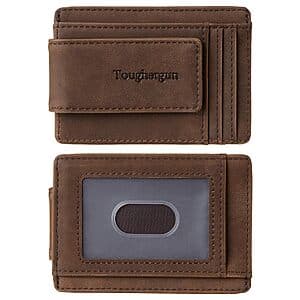 Toughergun Men's Slim RFID-Blocking Wallet in Coffee or Black with integrated money clip, displayed flat to show slim profile and compact design.