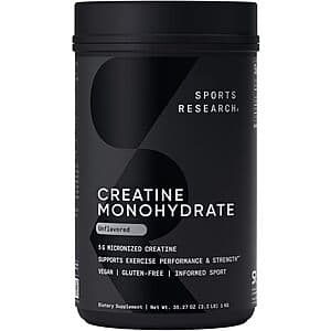 Sports Research Creatine Monohydrate powder in white packaging, unflavored supplement formula.
