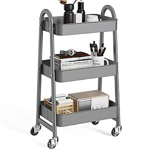 OLIXIS 3 Tier Metal Rolling Utility Cart w/ Lockable Wheels (Gray) $18