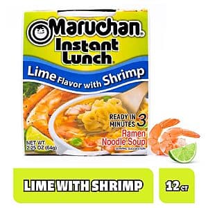 12-pack box of Maruchan Instant Lunch instant noodles in Lime with Shrimp flavor, 2.25-ounce cups.