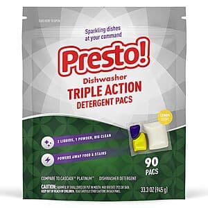 90-Count Presto! Triple Action Dishwasher Pacs (Lemon or Fresh Scent) $9.80 w/ Subscribe & Save