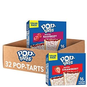 2-Count 16-Pack Pop-Tarts Toaster Pastries box featuring Frosted Strawberry and Frosted Raspberry flavors.