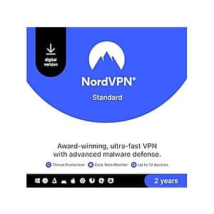 2-Year NordVPN VPN/Cybersecurity Software Subscription (10-Device; Digital Code) $58