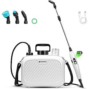 Maygrove 2-gallon battery-powered electric garden sprayer with three nozzle attachments and extended telescopic wand.