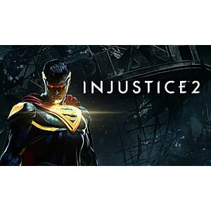 Injustice 2 video game cover featuring DC Comics characters in fighting poses.
