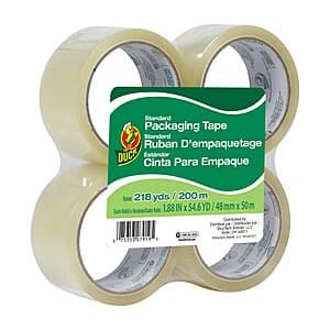 Four rolls of Duck brand clear packaging tape with 1.88-inch width and 55-yard length per roll, displayed against a white background.