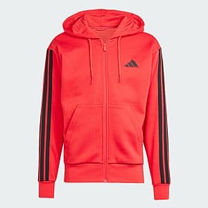 adidas men's Essentials 3-Stripes Fleece Hoodie in Pure Ruby and Black colorway with classic three stripes design.