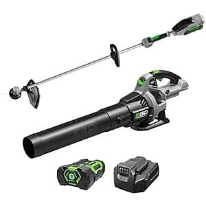 EGO Power+ 15-inch string trimmer and 530CFM blower with black housing, alongside 2.5Ah rechargeable battery and charger.