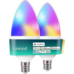 2-Pk Linkind Matter E12 Candelabra Smart 470LM RGB LED Bulbs $10