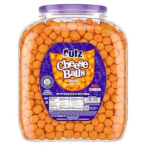 36.5 oz barrel of Utz Cheddar Cheese Balls in yellow and red packaging.