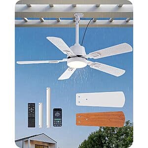 42-inch outdoor ceiling fan with integrated light in white finish, featuring blade design and mount hardware suitable for patios and covered outdoor spaces.