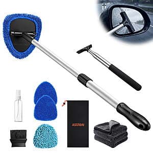 AstroAI car cleaning kit displaying eight components including spray bottle, silicone squeegee, brushes, microfiber towel, and car wash mitt arranged with extendable telescopic handle.