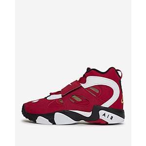 Nike Men's Air Diamond Turf 2 sneaker in prime red, white, black, and metallic gold colorway with classic basketball-inspired design.