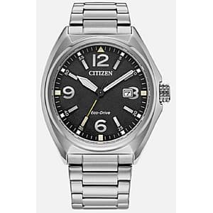 Silver-toned Citizen men's sport casual watch with 42MM case, date indicator window, and Eco-Drive solar-powered movement.