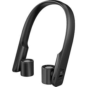 FrSara portable bladeless neck fan with LED display showing battery level, available in 3 colors, featuring USB-C charging port.
