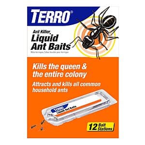 Two-pack box of Terro Borax Formula Indoor Liquid Ant Bait Stations showing individual bait station bottles with yellow and black labeling.