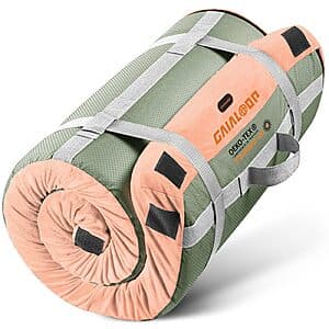 Gaialoop thick memory foam sleeping pad with layered foam construction in neutral color, rolled or displayed to show the supportive base and comfort foam layers.