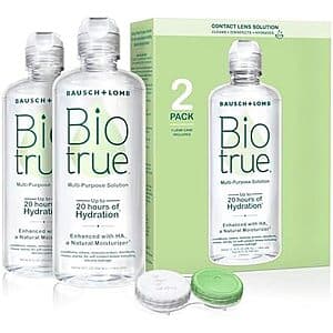 Two 10-ounce bottles of Biotrue Multi-Purpose Contact Lens Solution in clear packaging with blue labeling, includes a lens case.