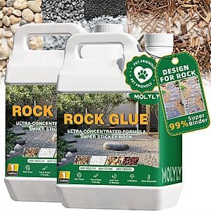 2-gallon container of MOLYLY rock glue and mulch binder for gravel and landscaping applications.