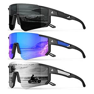 Three pairs of QALLY polarized sports sunglasses with UV400 protection in grey, dark blue, and silver frame colors.