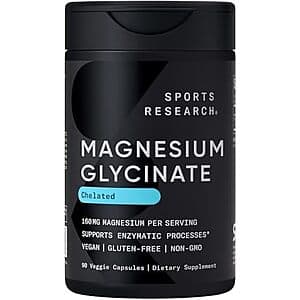 Bottle of Sports Research Magnesium Glycinate 160mg supplement with 90 capsules.