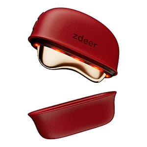 Red GS5 electric heated gua sha face massager with red light therapy feature, compact handheld design for facial massage.