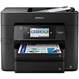 Epson Workforce Pro WF-4834 wireless all-in-one printer with black finish and white accent panels, showing the document feeder and paper tray.