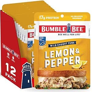 12-pack of 2.5-ounce Bumble Bee Wild Caught Tuna Pouches in Lemon & Pepper flavour.