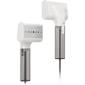Compact white and black G10 handheld garment steamer with large iron panel, 100ml water tank, and portable design weighing 0.9 lbs.