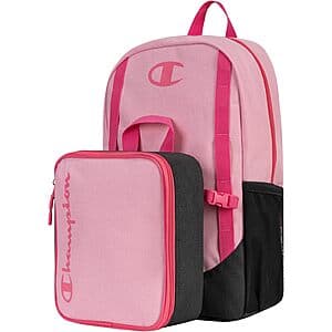 Pink Heather Champion 17-inch Mode backpack with matching lunch box for children.
