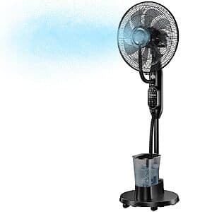 Black oscillating misting standing fan with 35dB noise level, featuring multiple speed and misting mode controls for cooling and humidifying spaces up to 120 sq ft.