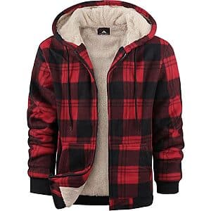 ZITY men's plaid flannel hoodie with sherpa fleece lining and full zip construction in heavy-weight fabric.